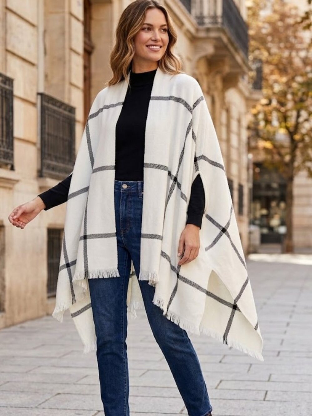 J. Crew Windowpane Ruana Wrap Shawl Cardigan White Black One Size